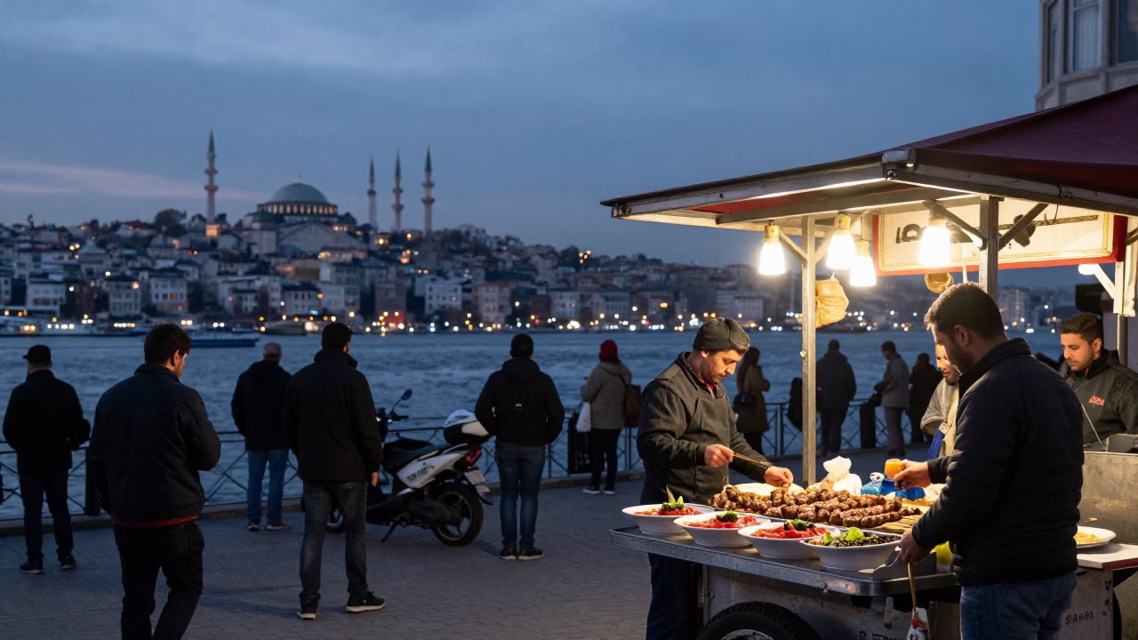 Busy Istanbul Street Scene at Nautical Dawn with Iskender Kebab Plate and Tunnel Wall in in Istanbul, Turkey