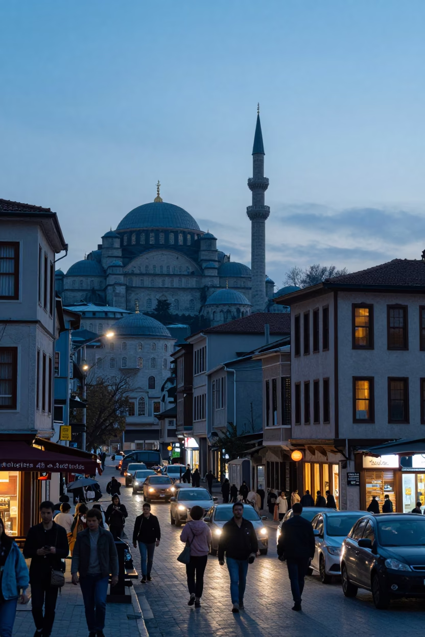 Busy Istanbul Street Scene at Nautical Dawn with Local Market Activity in in Istanbul, Turkey