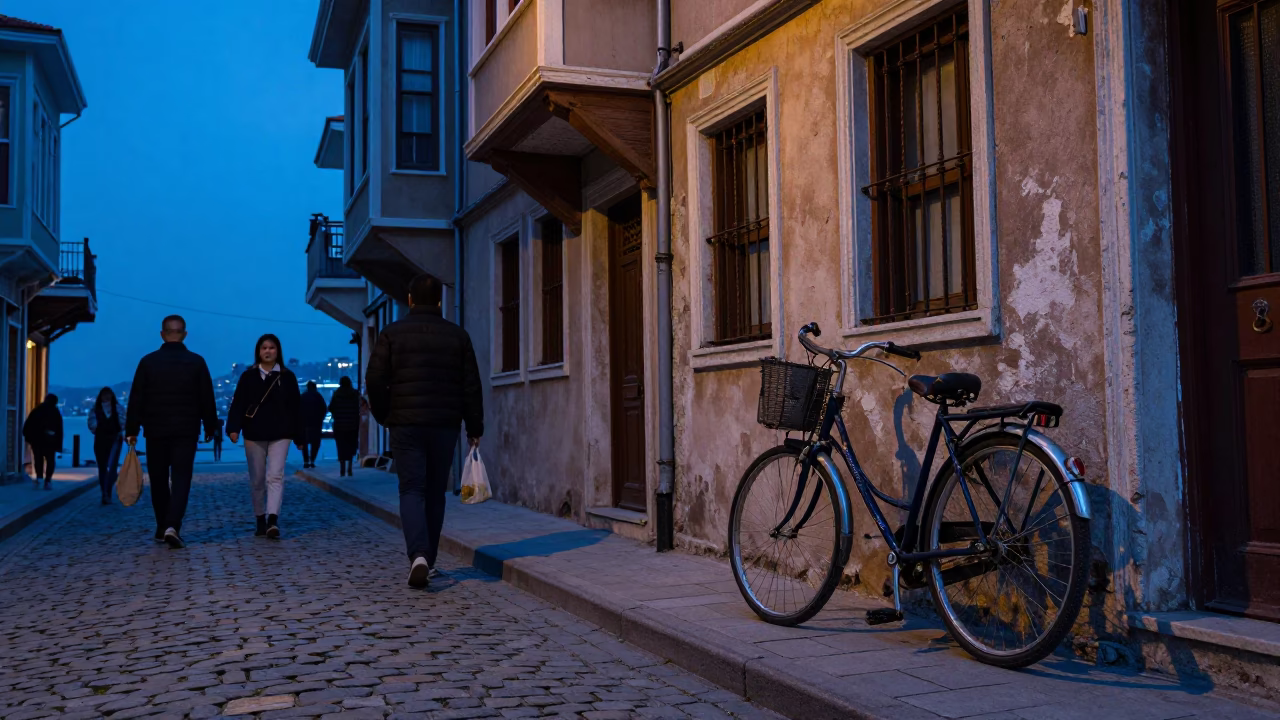 Busy Istanbul Street Scene at Nautical Dawn with Vintage Bicycle and Camellia Flower in in Istanbul, Turkey