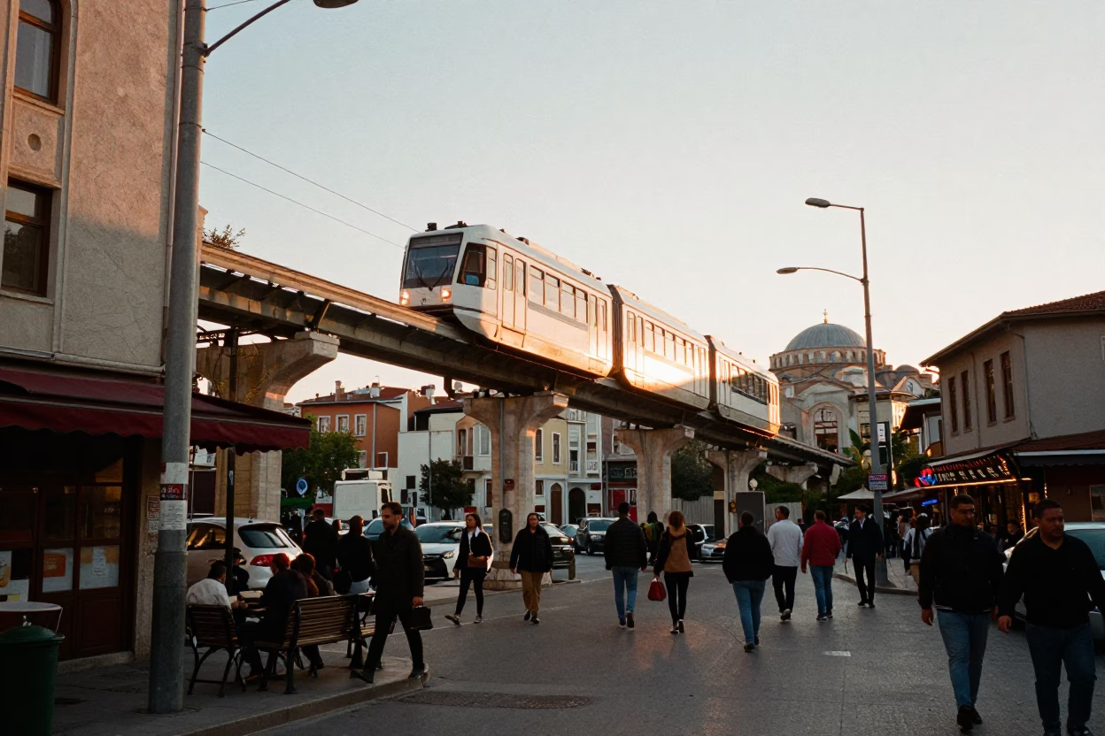 Busy Istanbul Street Scene at Sunset with Monorail and Geraniums in in Istanbul, Turkey