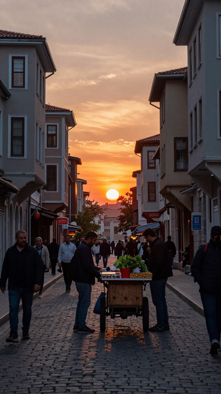 Busy Istanbul Street Scene at Sunset with Tea Stains and Local Life in in Istanbul, Turkey
