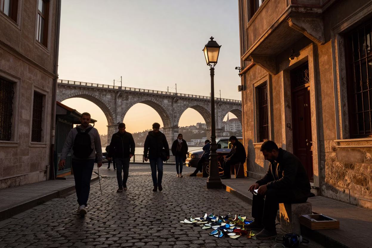Busy Istanbul Street Scene at Sunset with Traditional Lamp Maker and Railway Viaduct in in Istanbul, Turkey