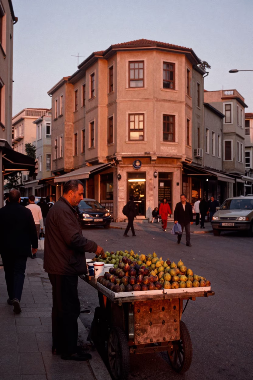 Busy Istanbul Street Scene Before Dusk with Copper Light and Local Market Activity in in Istanbul, Turkey