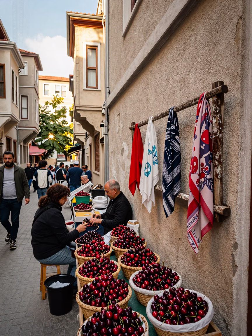 Busy Istanbul Street Scene Early Afternoon with Cherries and Peg Rail Detail in in Istanbul, Turkey