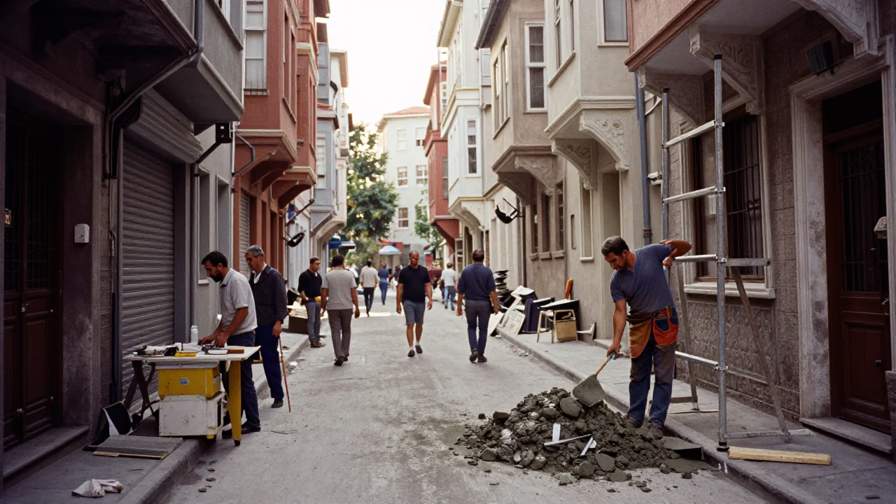 Busy Istanbul Street Scene Early Afternoon with Mason Tools and Paint Flecks in in Istanbul, Turkey