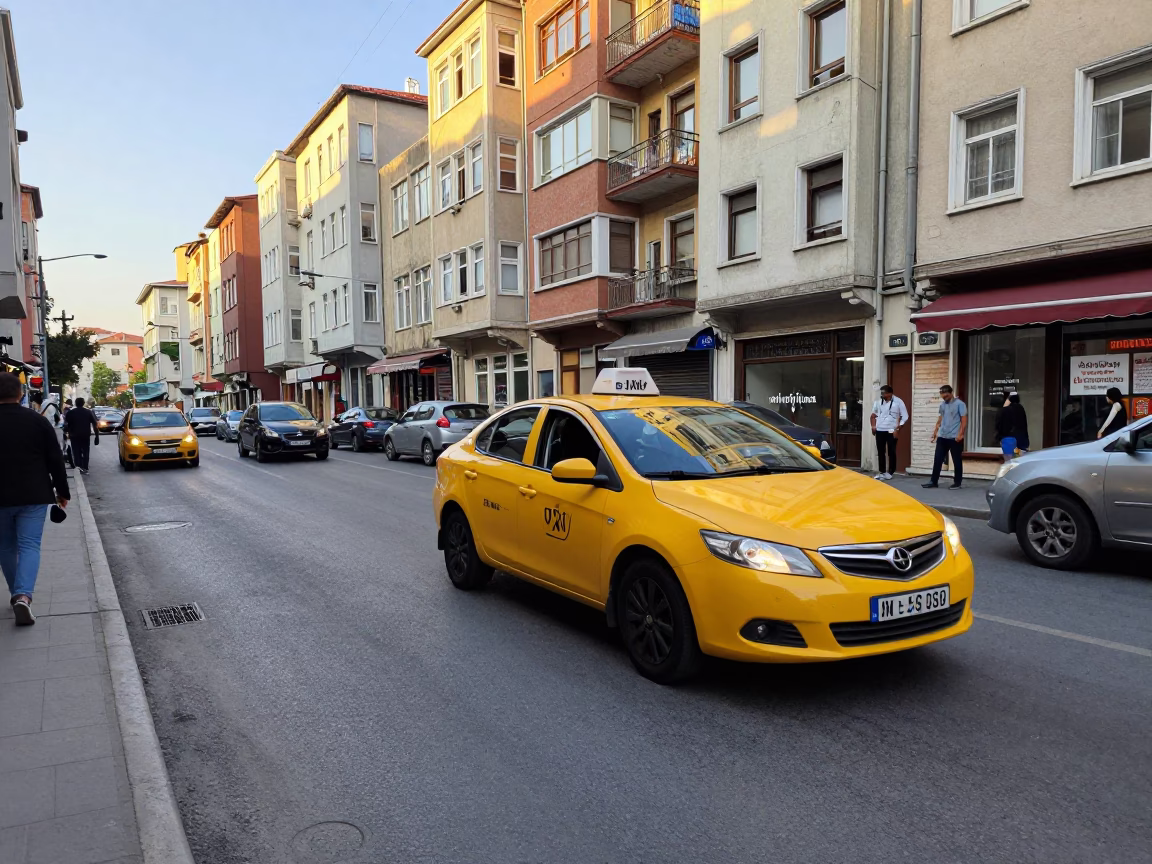 Busy Istanbul Street Scene Early Afternoon with Yellow Taxi and Urban Details in in Istanbul, Turkey