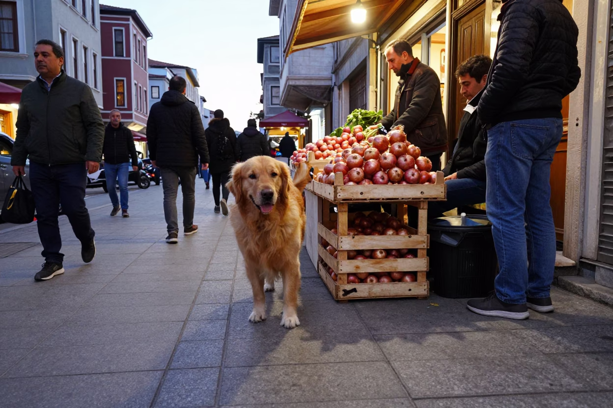 Busy Istanbul Street Scene Early Evening with Golden Retriever and Market Stalls in in Istanbul, Turkey
