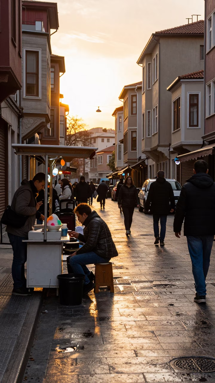Busy Istanbul Street Scene Golden Hour Before Sunset with Condensation on Tile and Zinnias in in Istanbul, Turkey