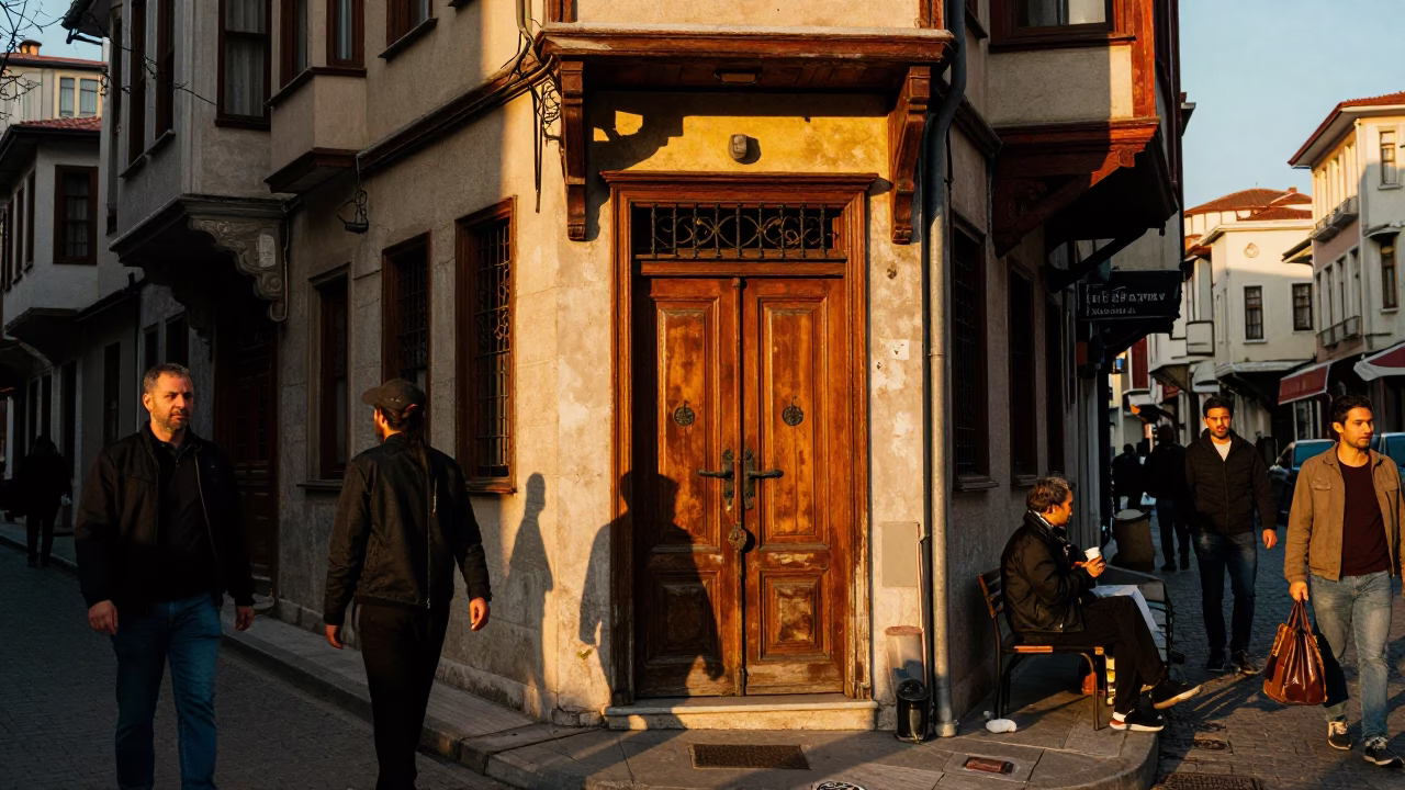 Busy Istanbul Street Scene in Honeyed Evening Light with Padlock and Weathered Details in in Istanbul, Turkey