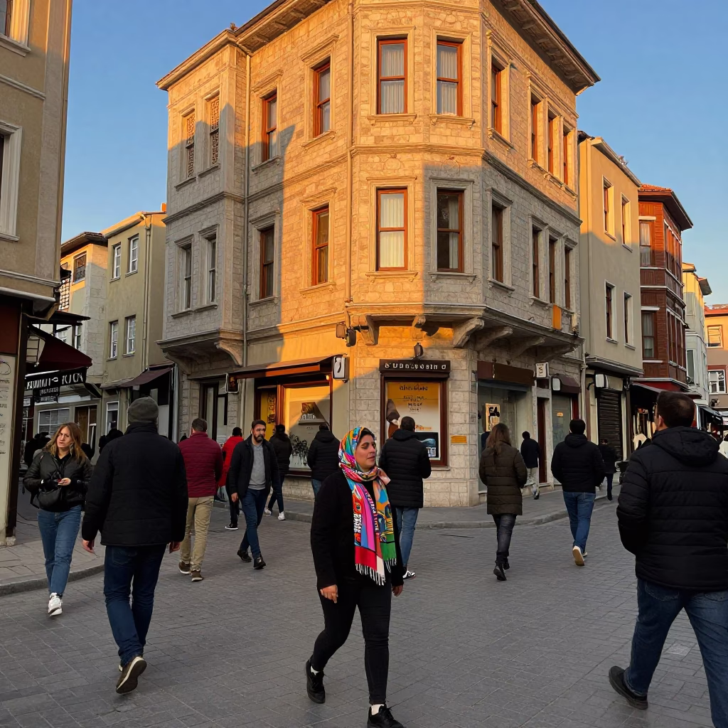 Busy Istanbul Street Scene in Honeyed Evening Light with Scarf and Brass Rail in in Istanbul, Turkey