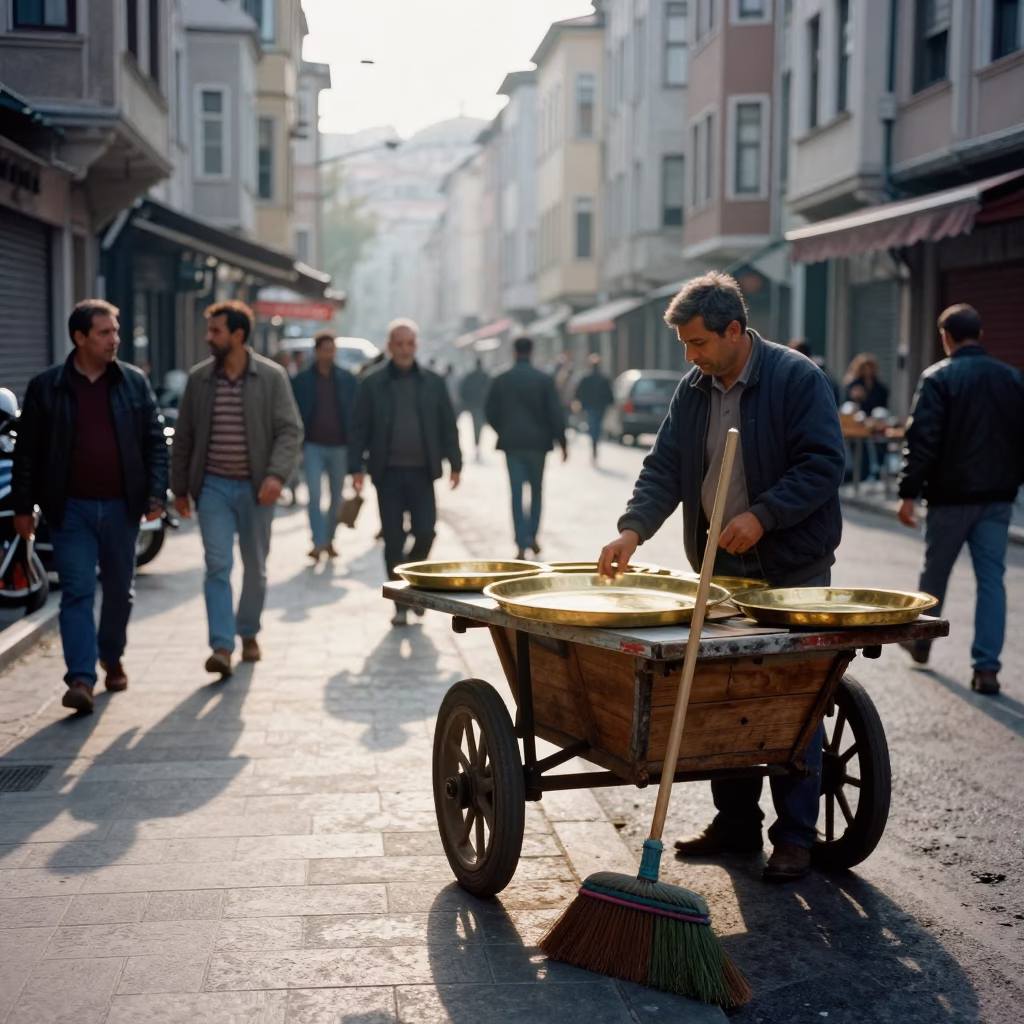 Busy Istanbul Street Scene Just After Sunrise with Polished Brass Tray and Hand Broom in in Istanbul, Turkey