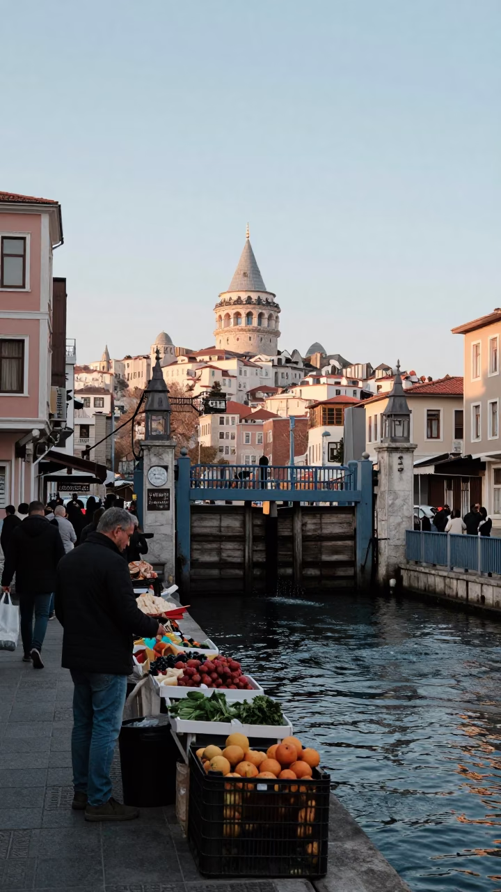 Busy Istanbul Street Scene Just After Sunrise with Sluice Gate and Canal in in Istanbul, Turkey