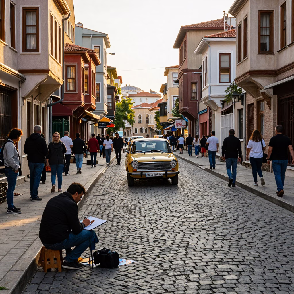 Busy Istanbul Street Scene Late Afternoon with Artist Painting Mural and Vintage Elements in in Istanbul, Turkey