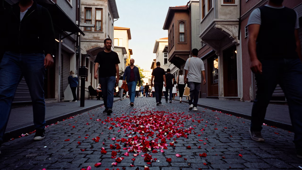 Busy Istanbul Street Scene Late Afternoon with Carpet Petals and Folding Stools in in Istanbul, Turkey