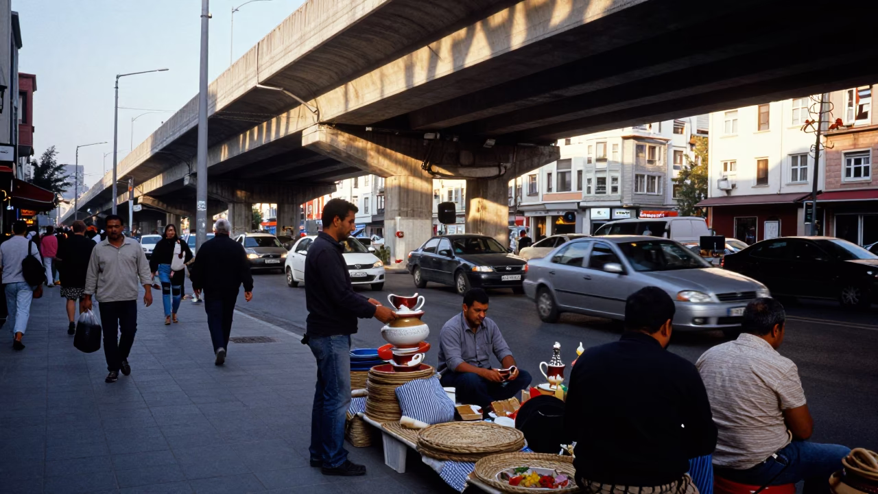 Busy Istanbul Street Scene Late Morning with Flyover Shadows and Urban Details in in Istanbul, Turkey