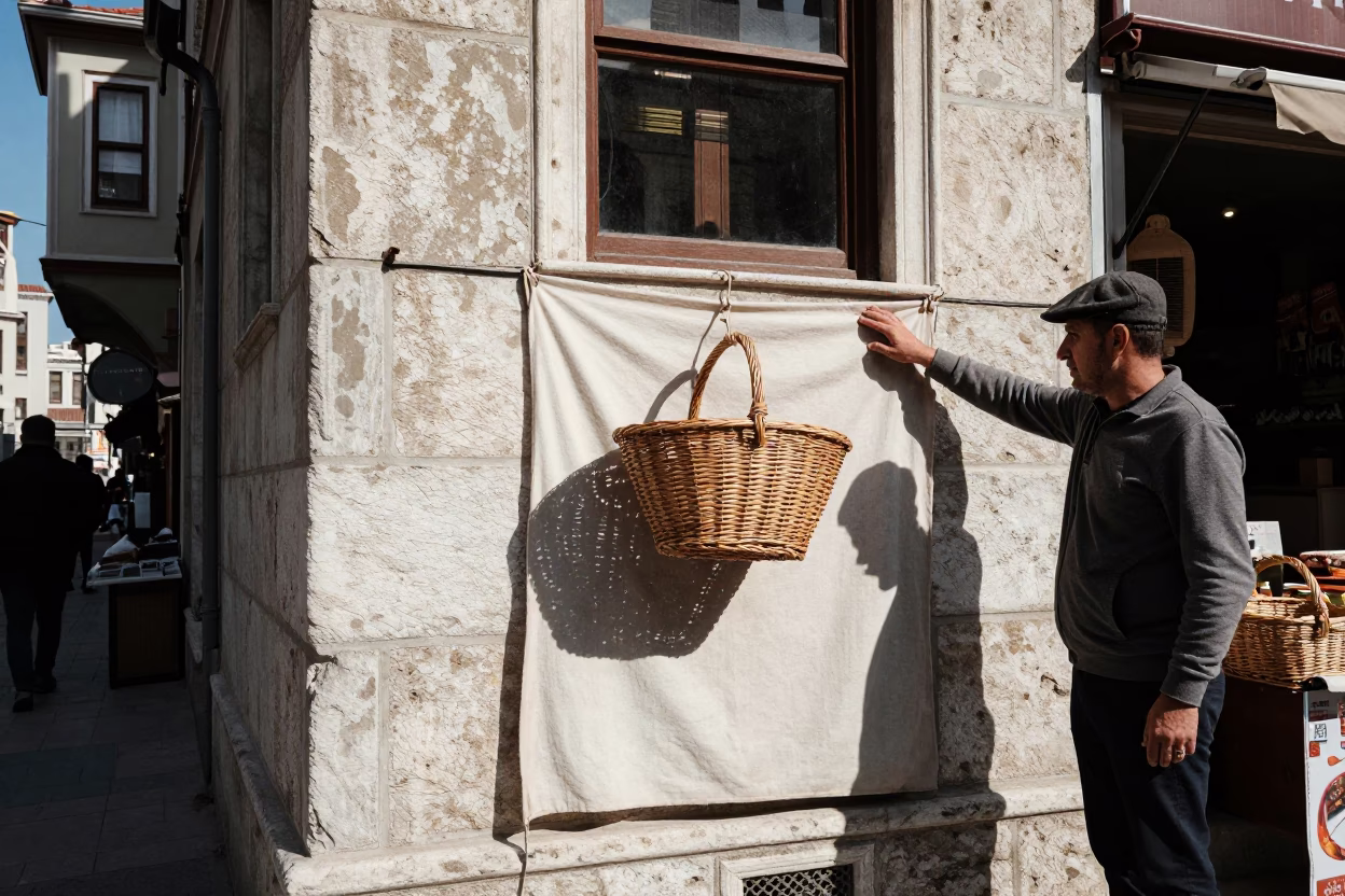 Busy Istanbul Street Scene Midday with Wicker Basket Shadow and Twine Fibers on Wall in in Istanbul, Turkey