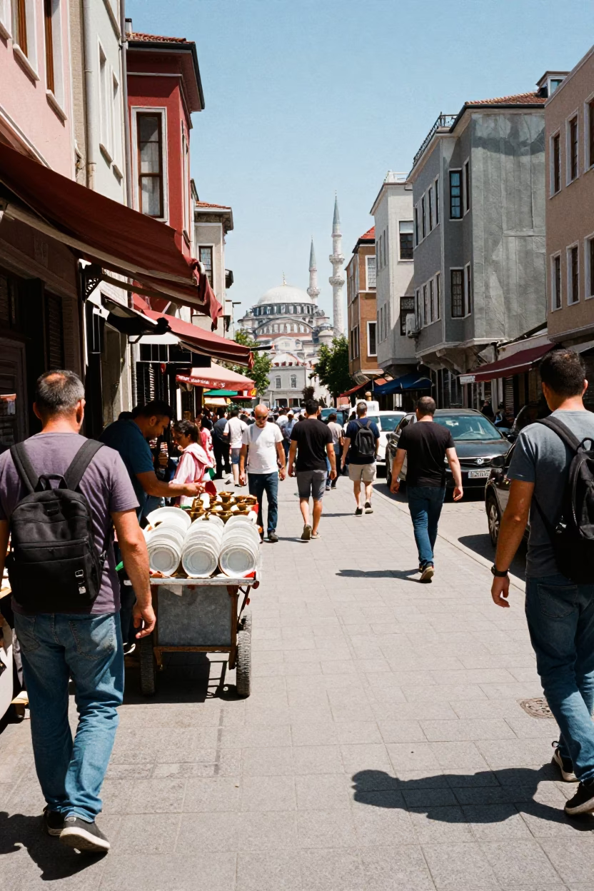 Busy Istanbul Street Scene Under Flat Noon Glare with Blue and White Porcelain in in Istanbul, Turkey