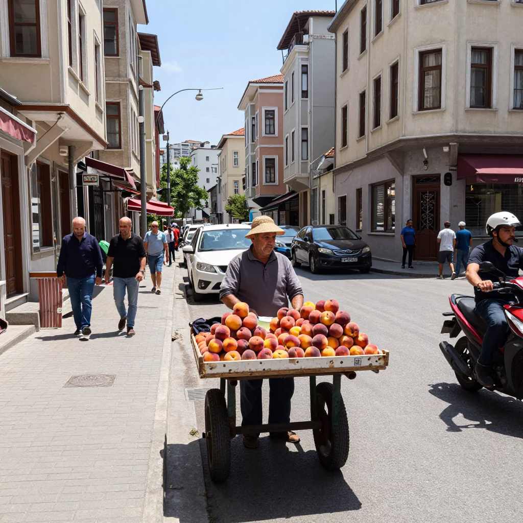Busy Istanbul Street Scene Under Flat Noon Glare with Local Vendor and Pedestrians in in Istanbul, Turkey