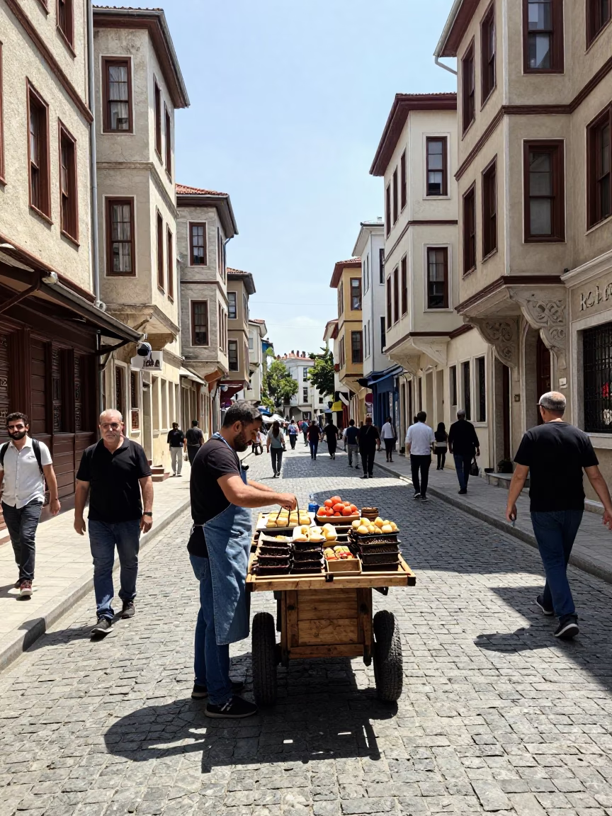 Busy Istanbul Street Scene Under Noon Glare with Traditional Aprons and Daily Life Details in in Istanbul, Turkey