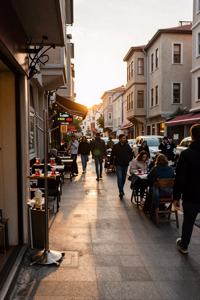 Busy Istanbul street scene with coat stand and tea stains at golden hour in in Istanbul, Turkey