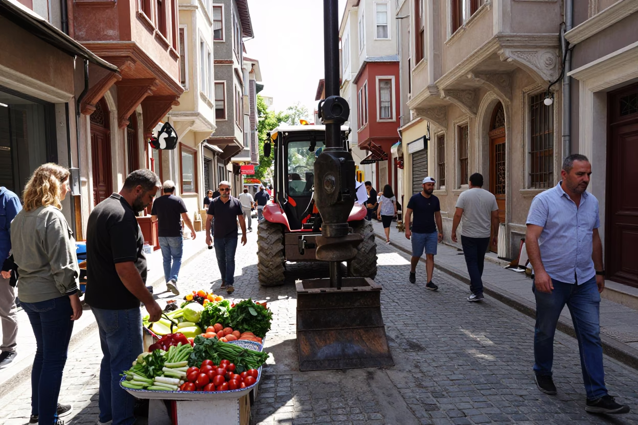 Busy Istanbul Street Scene with Construction Pile Driver and Local Market Activity at Midday in in Istanbul, Turkey