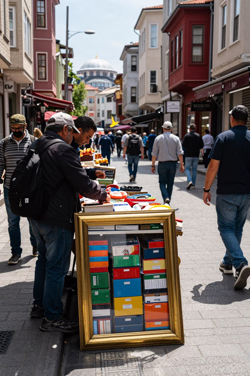 Busy Istanbul Street Scene with Polished Brass Frame and Painted Crate at Midday in in Istanbul, Turkey