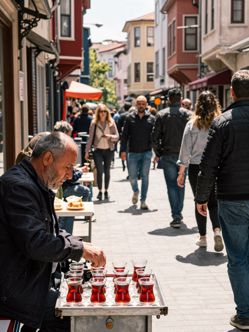 Busy Istanbul Street Scene with Teacups and Local Interaction at Midday in in Istanbul, Turkey