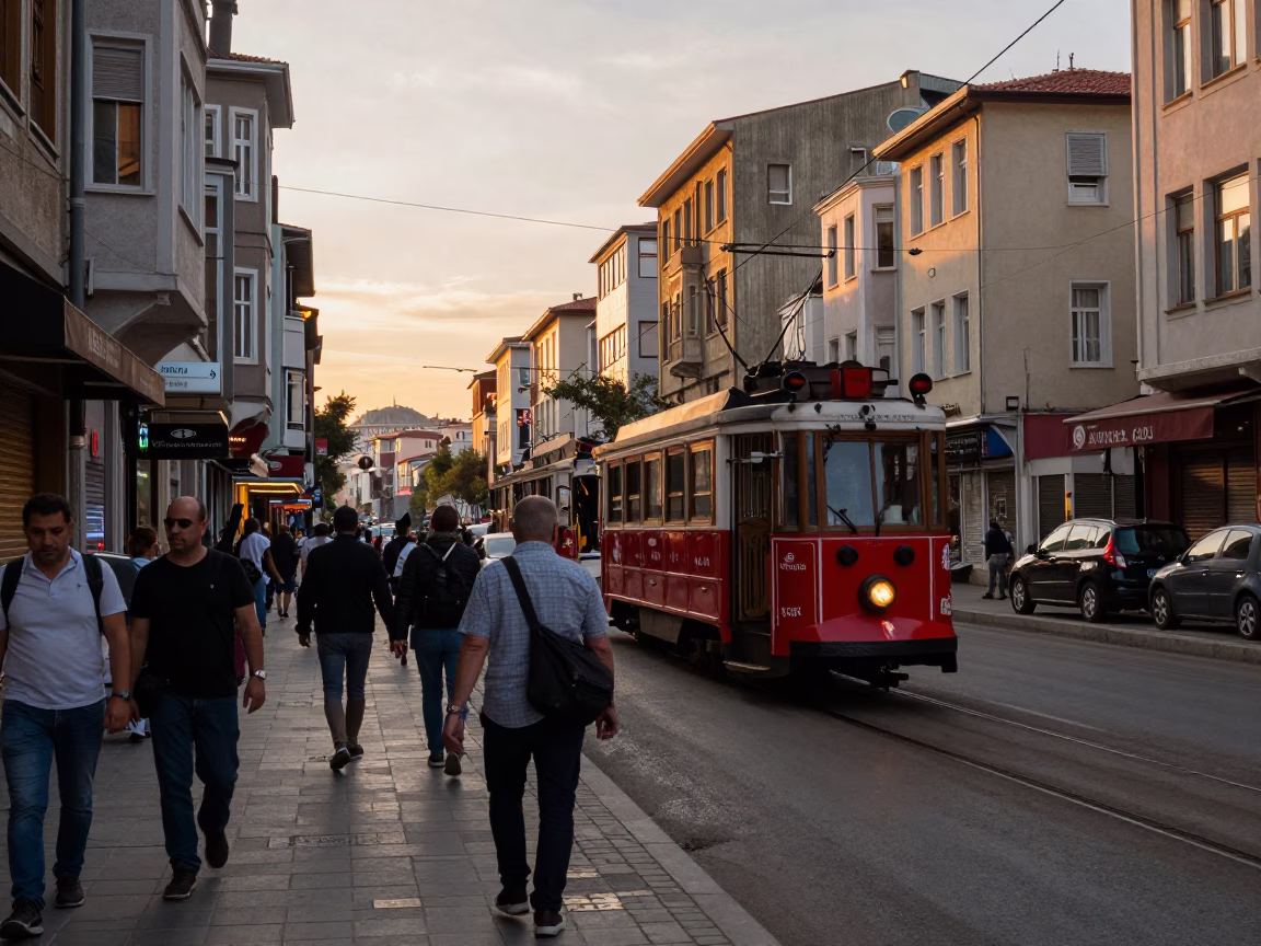 Busy Istanbul Sunset Street Scene with Tram and Pedestrians in Turkey in in Istanbul, Turkey