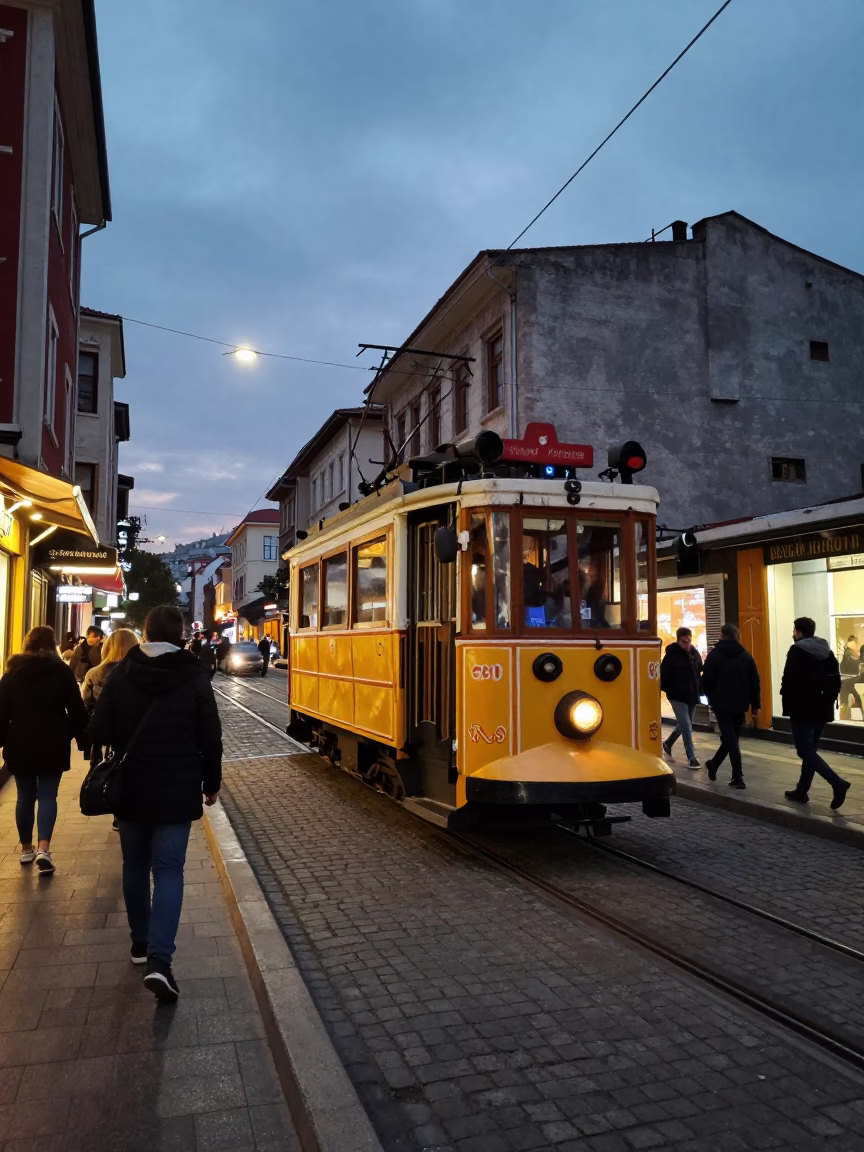 Busy Istanbul Tram Street Scene at Twilight with Trolley Car and Urban Architecture in in Istanbul, Turkey