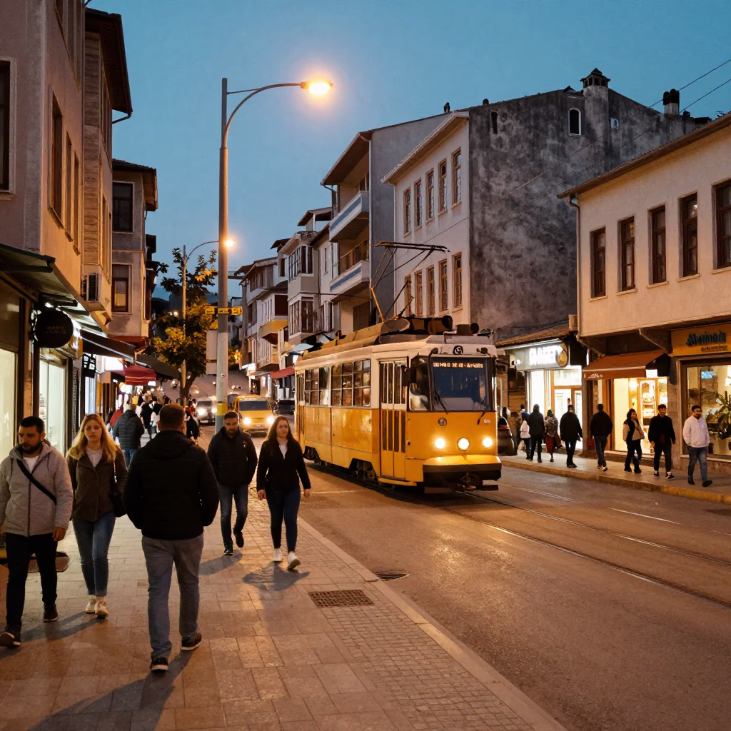Busy Izmir Evening Street Scene with Tram and Urban Activity in in Izmir, Turkey