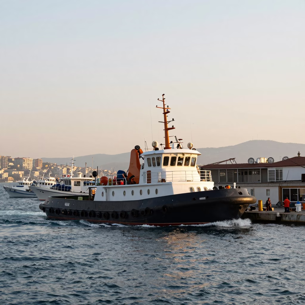 Busy Izmir Harbor Tugboat and Drying Rack at Golden Hour Before Sunset in in Izmir, Turkey