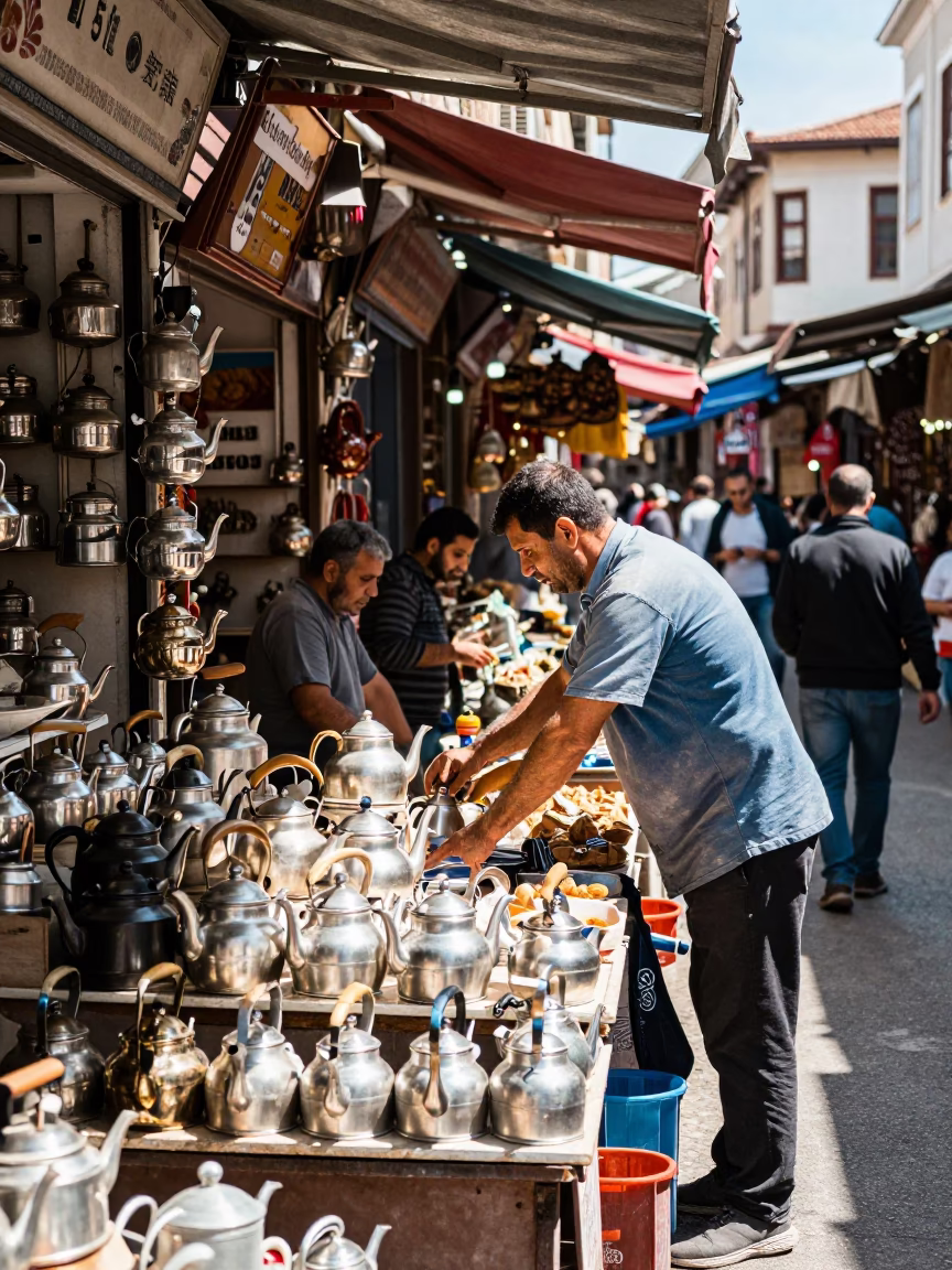 Busy Izmir Market Stall with Tea Kettles and Local Shopkeeper in Turkey in in Izmir, Turkey