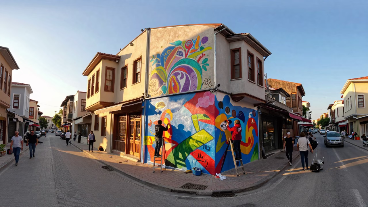 Busy Izmir Street Corner at Golden Hour with Artist Painting Mural and Pedestrians Walking in in Izmir, Turkey