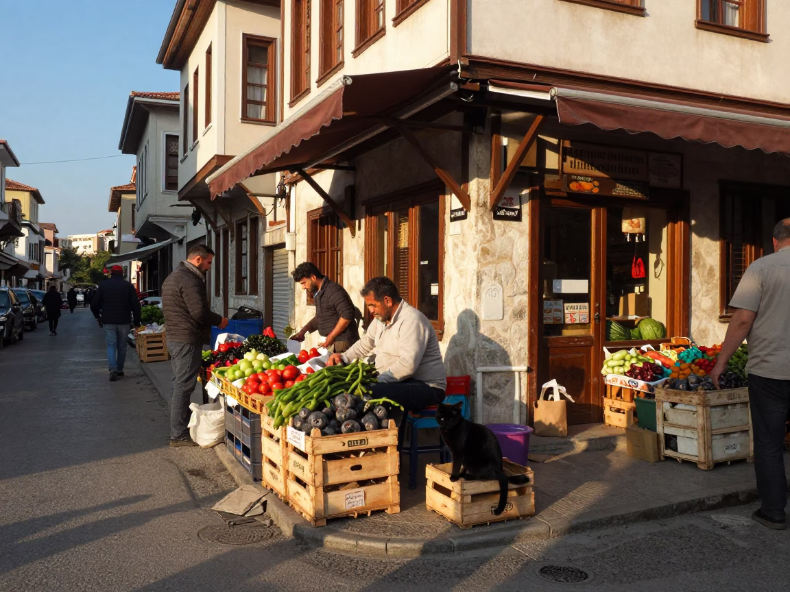 Busy Izmir Street Corner in Late Afternoon Light with Local Shop Details in in Izmir, Turkey