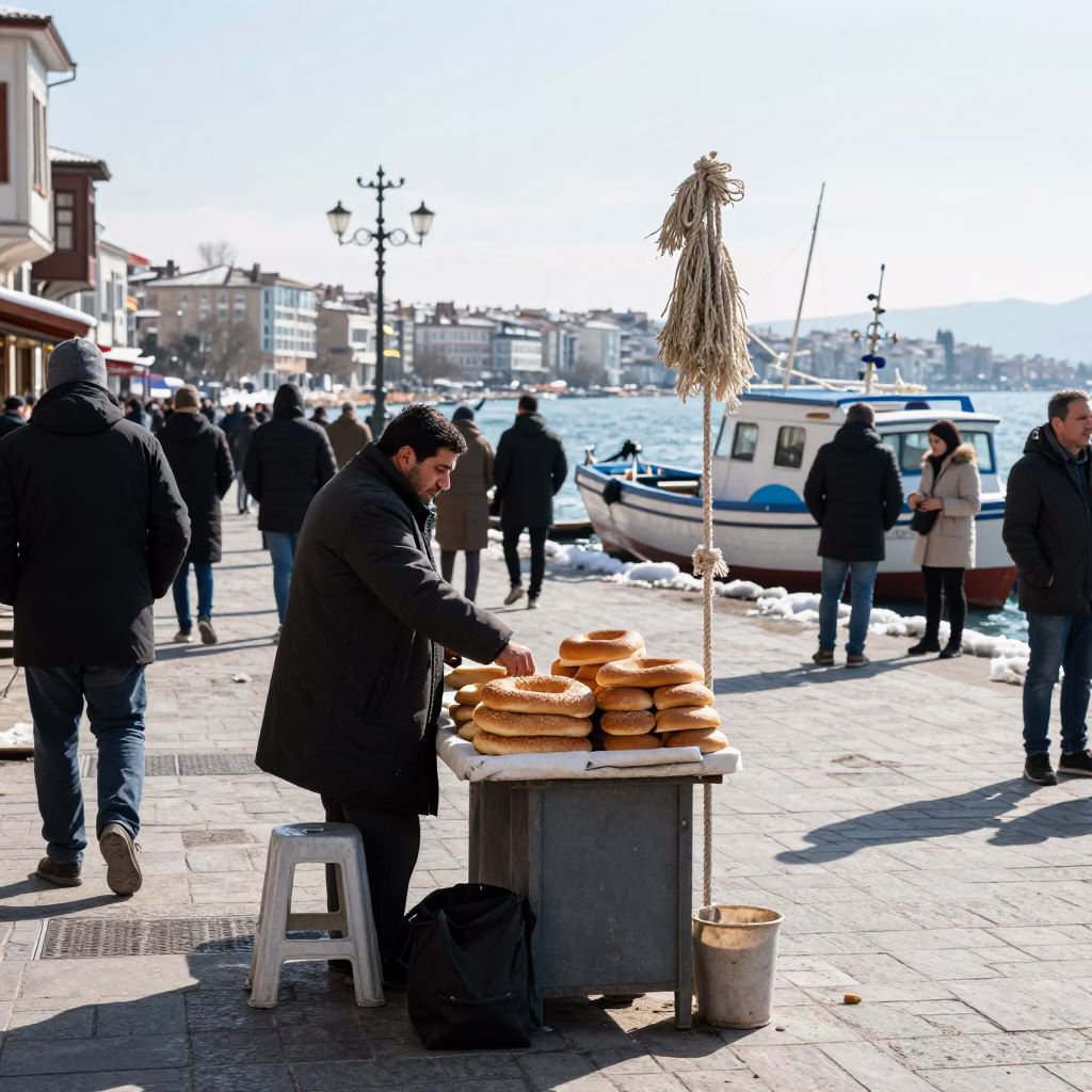 Busy Izmir Street Corner in Winter Noon Light with Local Vendor in in Izmir, Turkey