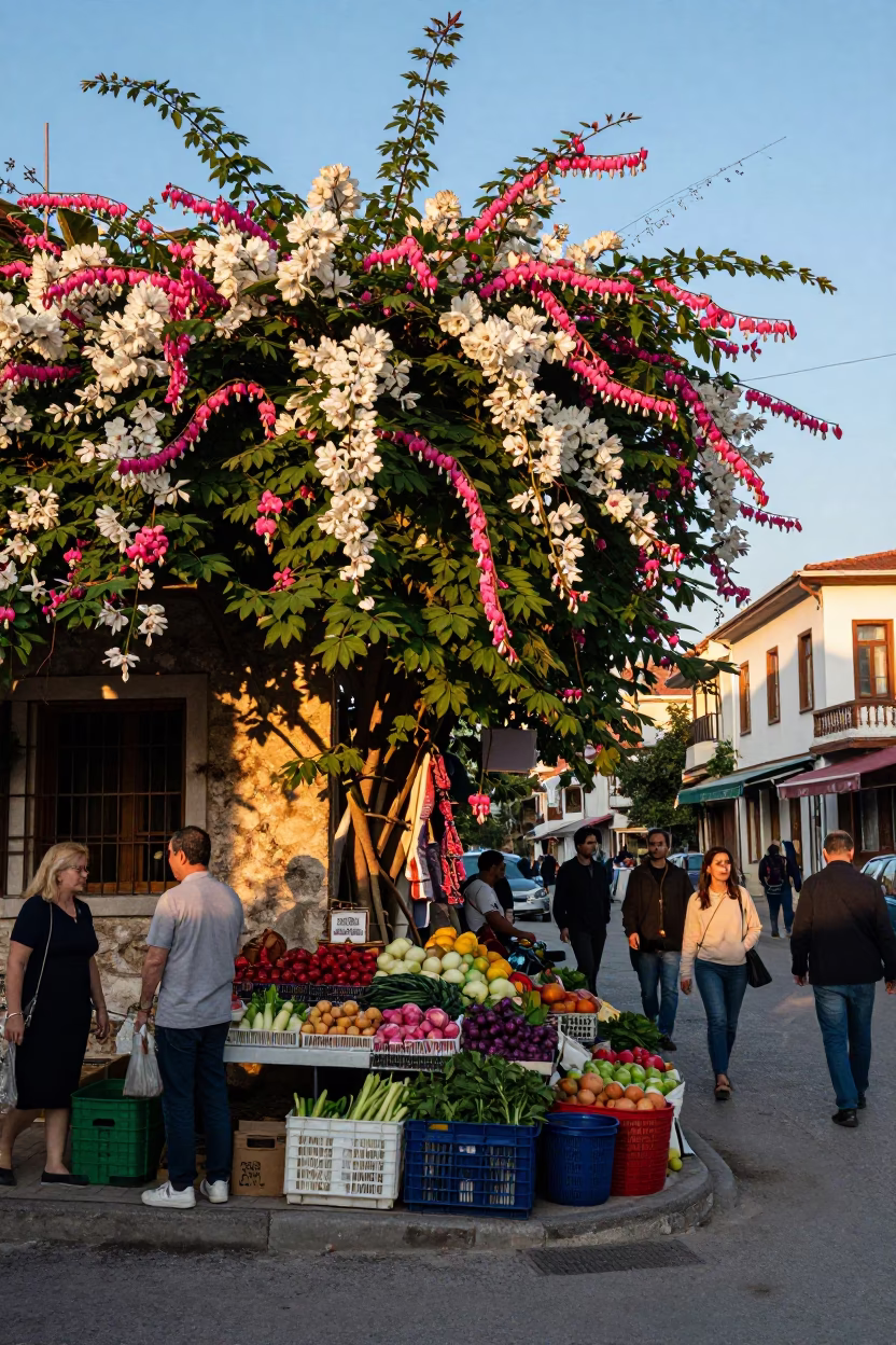 Busy Izmir Street Corner Late Afternoon with Bleeding Heart Vine and Local Market Activity in in Izmir, Turkey