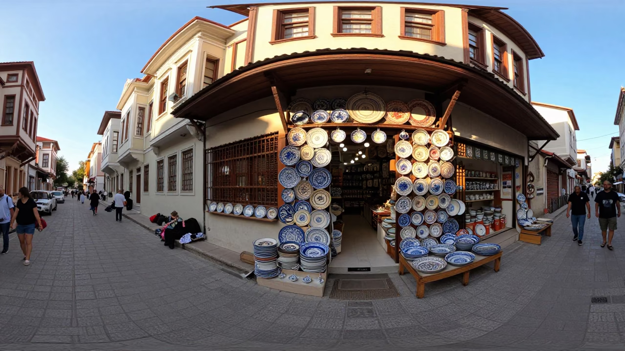 Busy Izmir Street Corner with Ceramic Plates and Iron Deadbolt in Late Afternoon Light in in Izmir, Turkey