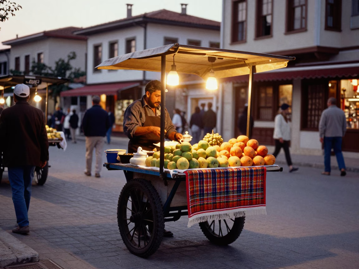 Busy Izmir Street Corner with Tea Towel and Fruit Tarts in Honeyed Evening Light in in Izmir, Turkey