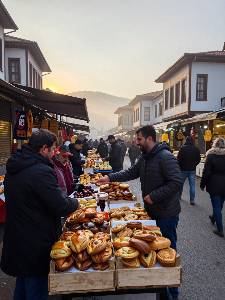 Busy Izmir Street Market at Nautical Dawn with Local Food Vendors in in Izmir, Turkey