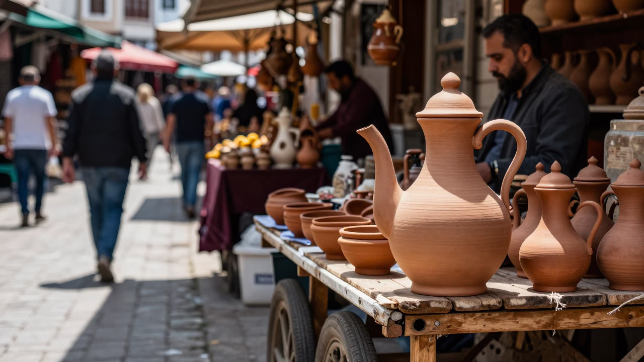 Busy Izmir Street Market Midday Scene with Clay Teapot and Local Vendors in in Izmir, Turkey