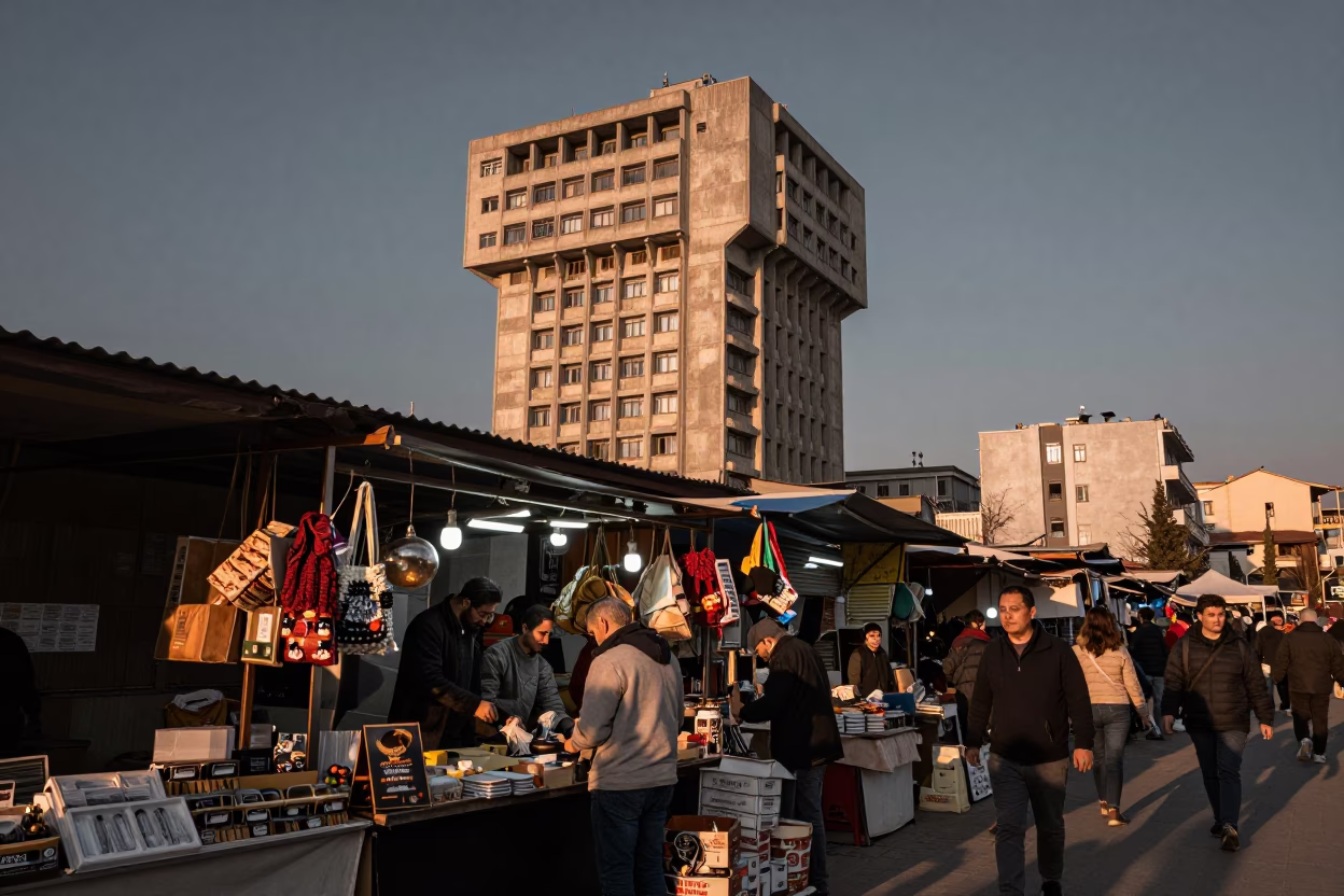 Busy Izmir Street Market Stall with Brutalist Concrete University Tower in Copper Dusk Light in in Izmir, Turkey