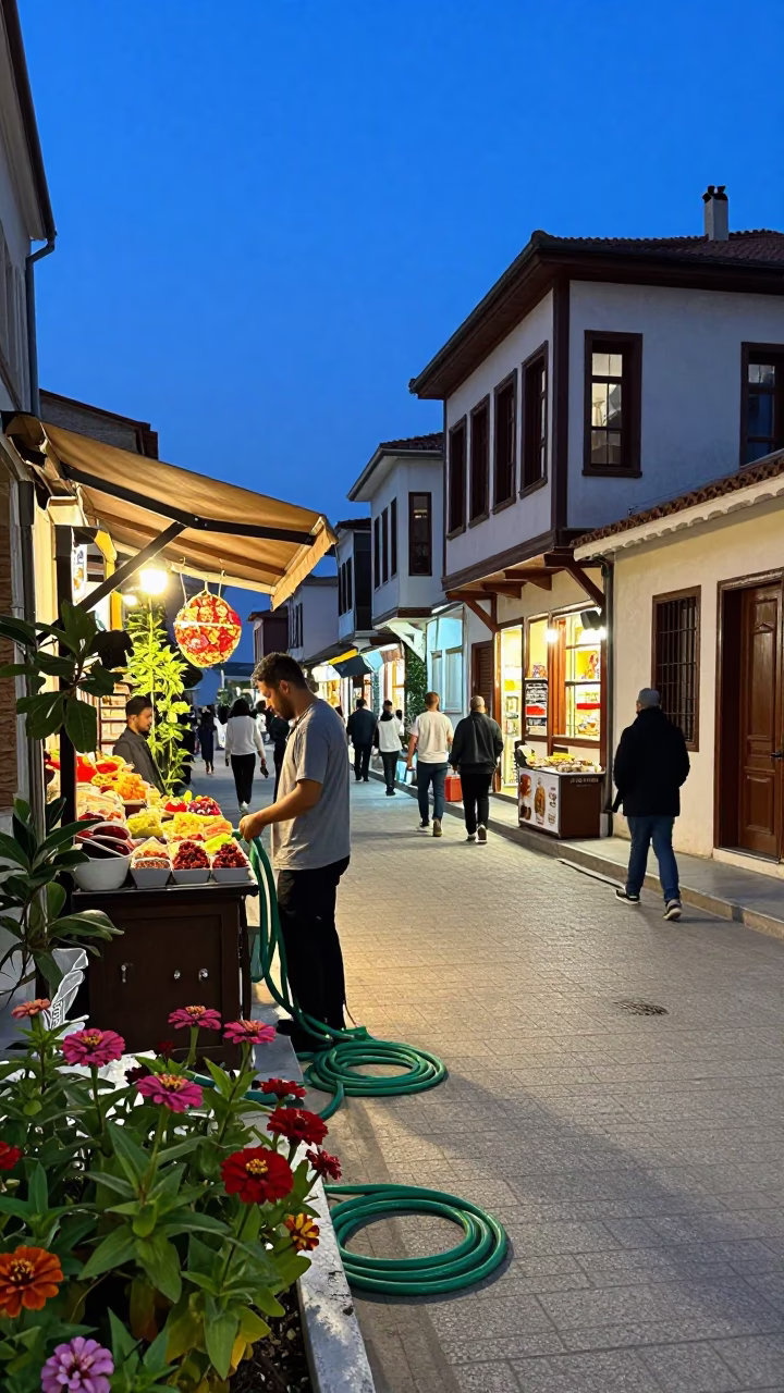 Busy Izmir Street Scene at Blue Hour with Garden Hose and Zinnias in in Izmir, Turkey