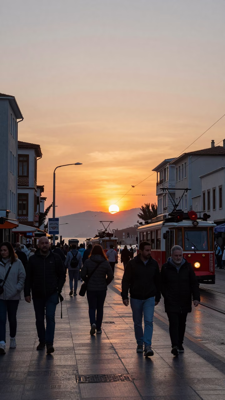 Busy Izmir Street Scene at Dusk with Tram and Rain-Slicked Overpass in in Izmir, Turkey