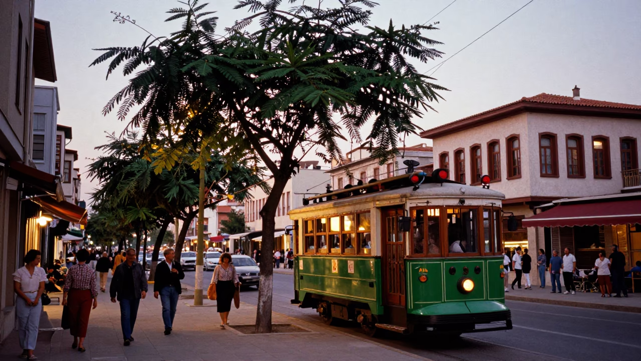 Busy Izmir Street Scene at Early Evening with Old Trolley and Tamarind Trees in in Izmir, Turkey