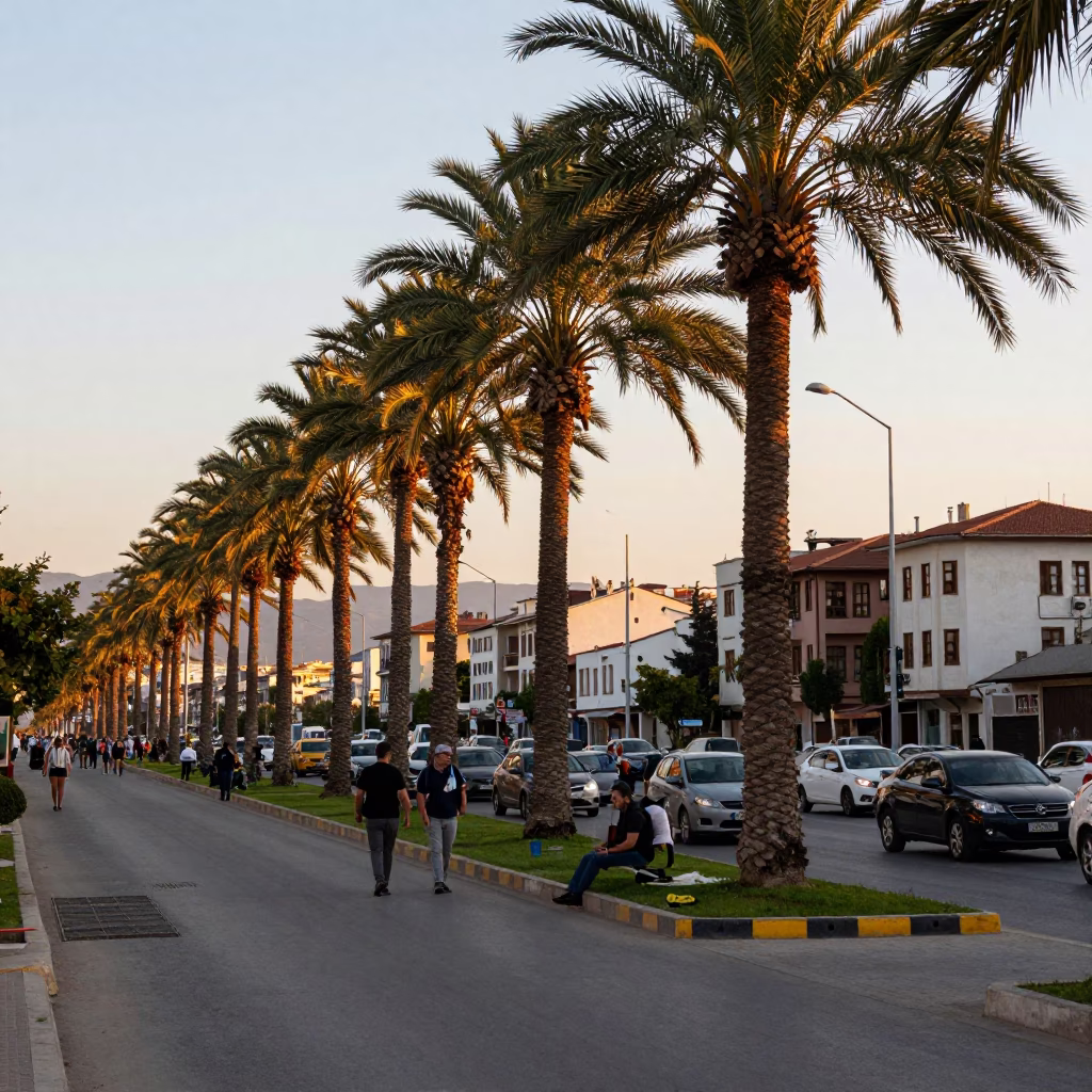 Busy Izmir Street Scene at Golden Hour with Palm Avenue and Highway Flyover in in Izmir, Turkey