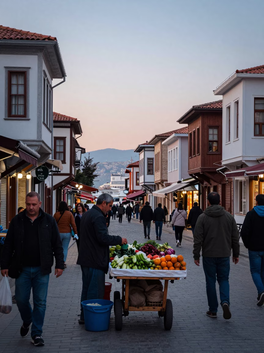 Busy Izmir Street Scene at Nautical Dawn with Local Market Activity in in Izmir, Turkey
