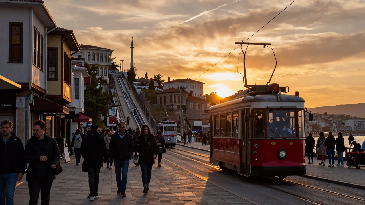 Busy Izmir Street Scene at Sunset with Funicular and Olive Wood Spoon in in Izmir, Turkey