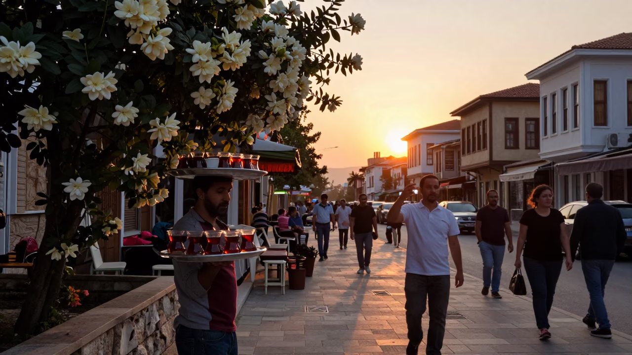 Busy Izmir Street Scene at Sunset with Teacups and Gardenia Bush in in Izmir, Turkey