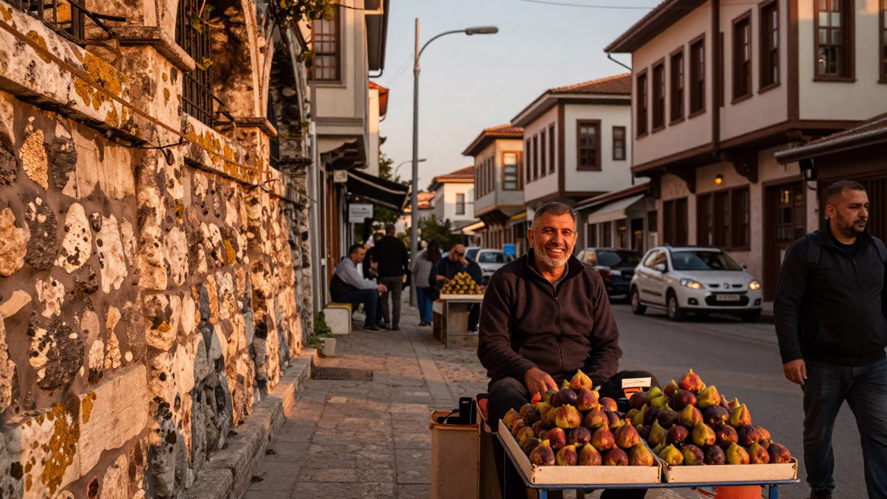 Busy Izmir Street Scene Before Dusk with Fig Seller and Local Interaction in in Izmir, Turkey