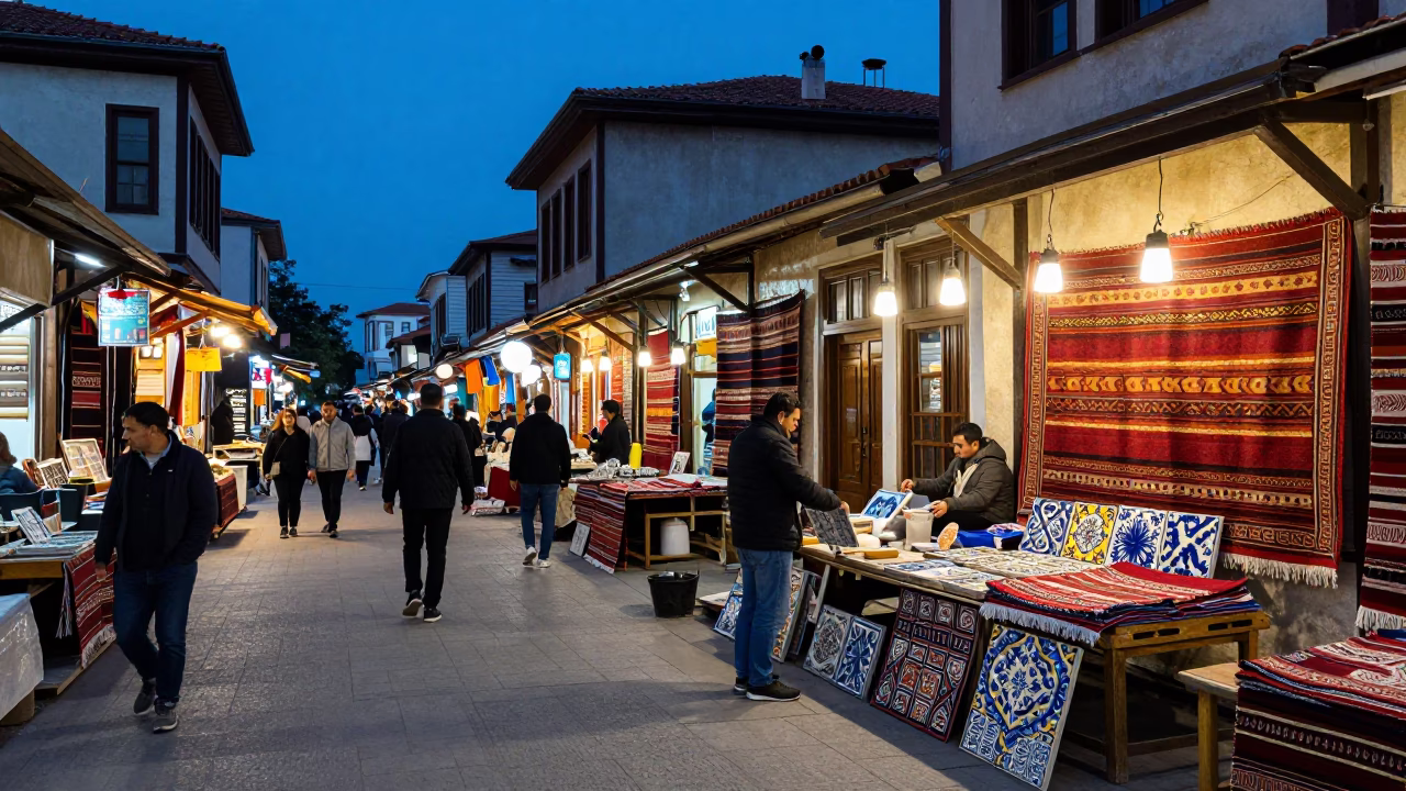 Busy Izmir Street Scene During Blue Hour With Local Market Activity in in Izmir, Turkey